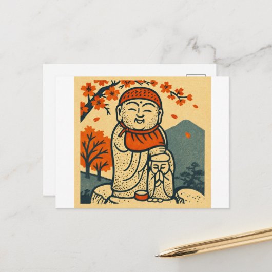 Smiling Jizo Guardian – Japanese Folk Art Briefkaart (Voorkant / Achterkant in situ)