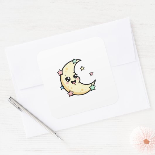 Smiling Moon – Cute Kawaii Illustration Vierkante Sticker (Envelop)