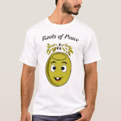Smiling Olive T-Shirt with "Roots of Peace" text. (Voorkant)