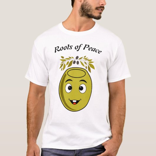 Smiling Olive T-Shirt with "Roots of Peace" text. (Voorkant)