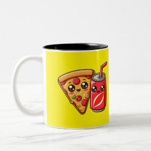 Smiling Pizza & Soda – Schattigee Cartoon Food Des Tweekleurige Koffiemok