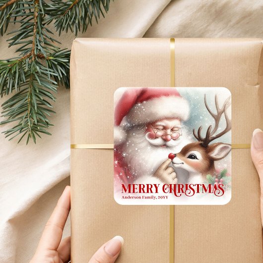 Smiling Santa Rudolph Personalized Holiday Kids  Vierkante Sticker