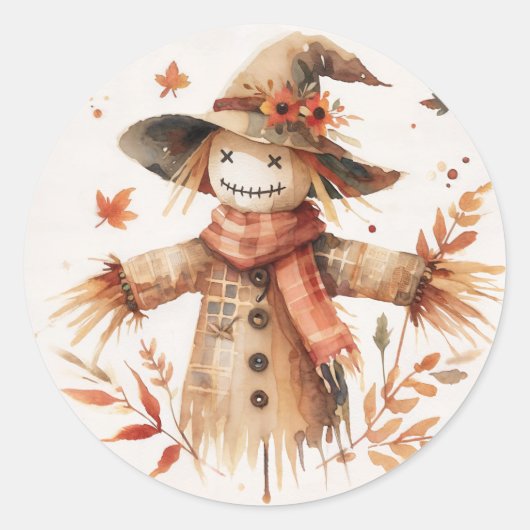 Smiling Scarecrow Autumn Watercolor Ronde Sticker (Voorkant)