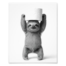 Smiling Sloth Triumphantly Lifts Toilet Paper Roll Foto Afdruk