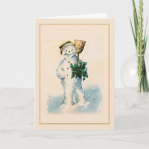 Smiling Snowman Holly Broom Vintage Christmas Kaart