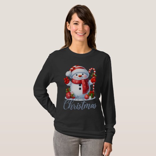 Smiling Snowman With Candy Cane Christmas Tee T-shirt (Voorkant volledig)