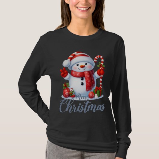 Smiling Snowman With Candy Cane Christmas Tee T-shirt (Voorkant)