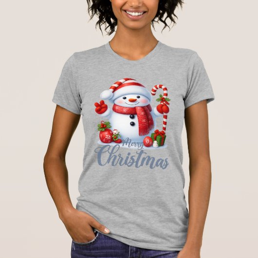 Smiling Snowman With Candy Cane Christmas Tee T-shirt (Voorkant)