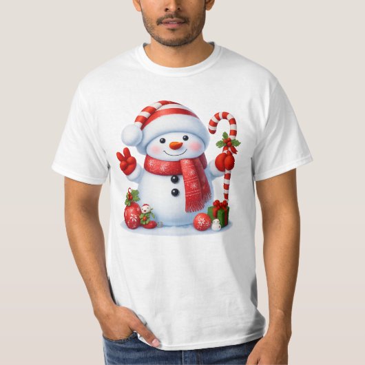 Smiling Snowman With Candy Cane Christmas Tee T-shirt (Voorkant)