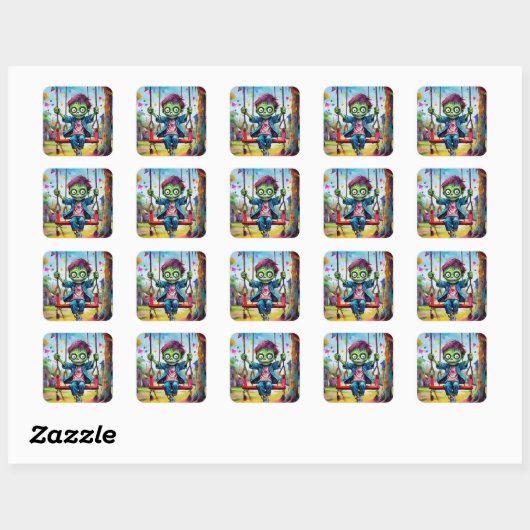 Smiling Zombie Kid on Swing with Party Flags Vierkante Sticker (Vel)