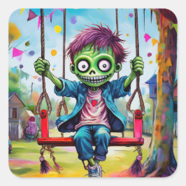 Smiling Zombie Kid on Swing with Party Flags Vierkante Sticker
