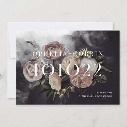 Smokey Donker Zwart Rose Boeket Bruiloft Save The Date (Voorkant)