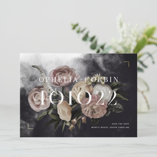 Smokey Donker Zwart Rose Boeket Bruiloft Save The Date (Staand voorkant)