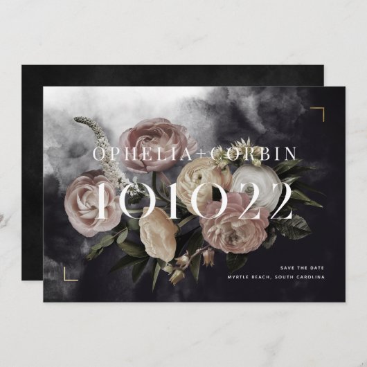 Smokey Donker Zwart Rose Boeket Bruiloft Save The Date (Voorkant / Achterkant)