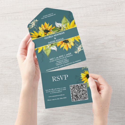 Smokey Green Sunflower QR Code All In One Uitnodiging (Afscheurbaar)
