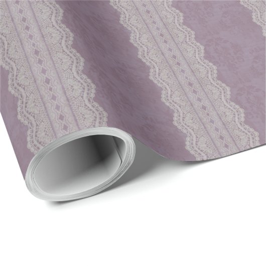  Smokey Mauve Damask Antiek Lace Stripe Cadeaupapier (Rol Hoek)