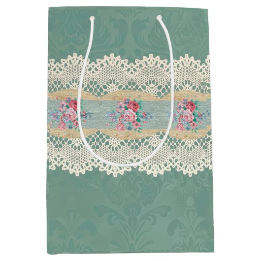 Smokey Pine Green Damask Rozen Lace Medium Cadeauzakje (Voorkant)