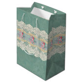 Smokey Pine Green Damask Rozen Lace Medium Cadeauzakje (Achterkant Gekanteld)