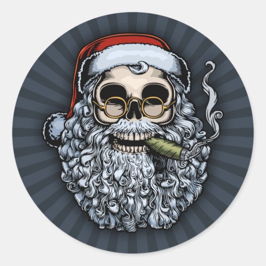 Smokin Santa Skull Ronde Sticker (Voorkant)