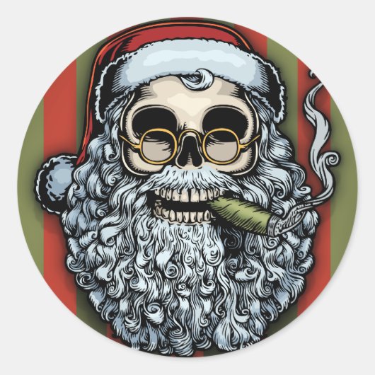 Smokin Santa Skull Ronde Sticker (Voorkant)