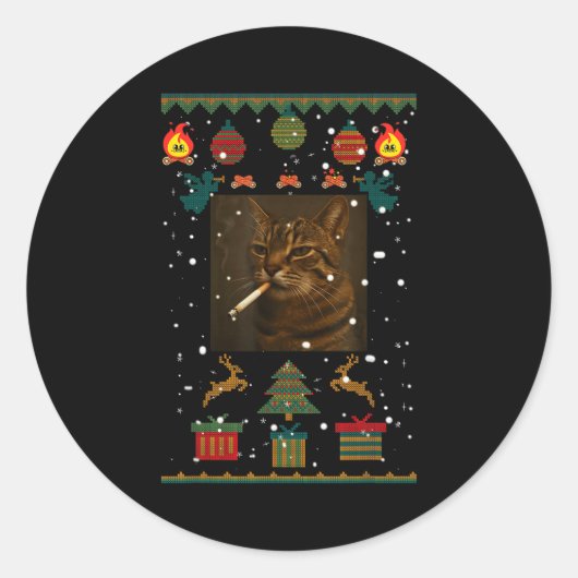 Smoking Cat Cigarette Meme Sarcasm Ugly Christmas Ronde Sticker (Voorkant)