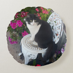 Smokingcat Maroon Donkerroze Katten en Bloemen Rond Kussen