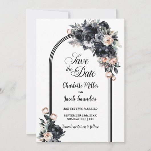 Smoky Black Floral Arch Bruiloft Save the Date (Voorkant)