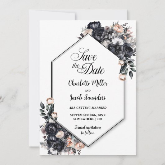 Smoky Black Floral Geometrische bruiloft Save the  Save The Date (Voorkant)
