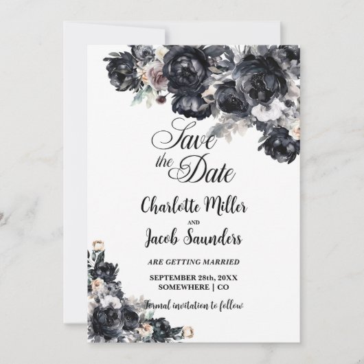 Smoky Black Floral Wedding Sla de datum op Save The Date (Voorkant)