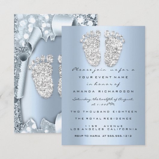 Smoky Blue Baby shower Feet Boy Girl 3d Glitter Kaart (Voorkant / Achterkant)