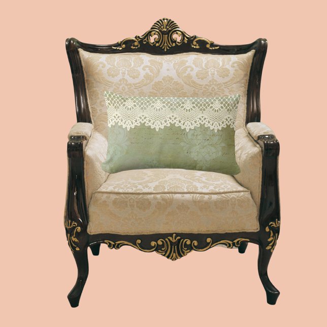  Smoky Green Faded Damask Faux Lace Kussen (Vintage style faded smoky green damask with antique lace artwork looks elegant and homey.)
