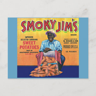 Smoky Jim's zoete aardappelkrat label uit 1940 Briefkaart