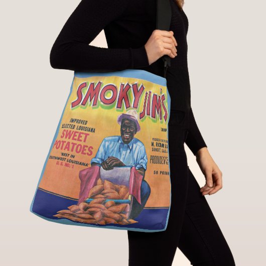 Smoky Jim's zoete aardappelkrat label uit 1940 Crossbody Tas (Dichtbij)