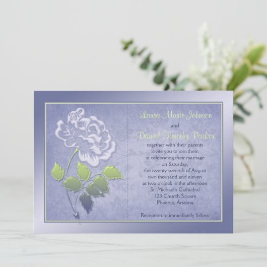 Smoky lavendel pioen met groene bruiloft uitnodigi kaart (Staand voorkant)