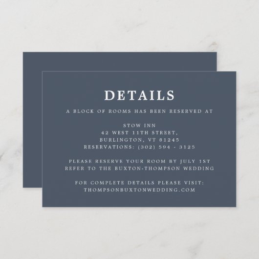 Smoky Navy Blue Simple Wedding Details Informatie Informatiekaartje (Voorkant / Achterkant)
