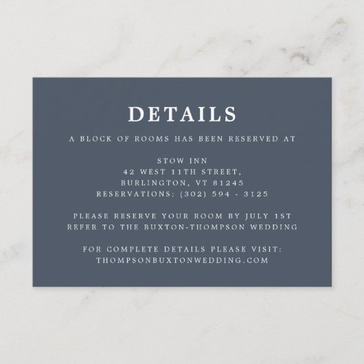 Smoky Navy Blue Simple Wedding Details Informatie Informatiekaartje (Voorkant)