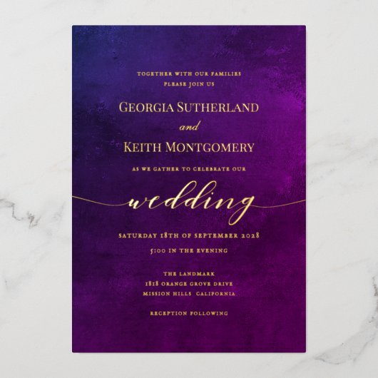 Smoky Paars & Gold Elegant Wedding Folie Uitnodiging (Voorkant)