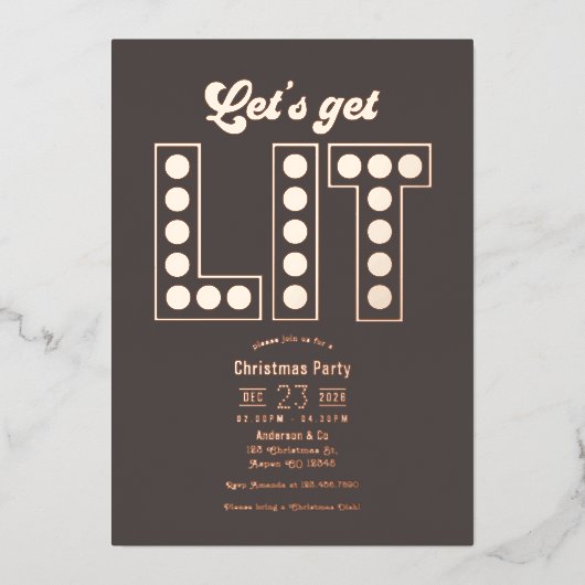 Smoky Quartz Get Lit Retro Christmas Party Folie Uitnodiging (Voorkant)