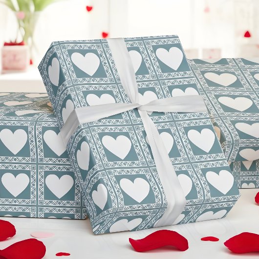 Smoky Teal Geometric Hearts Valentine Gift Cadeaupapier