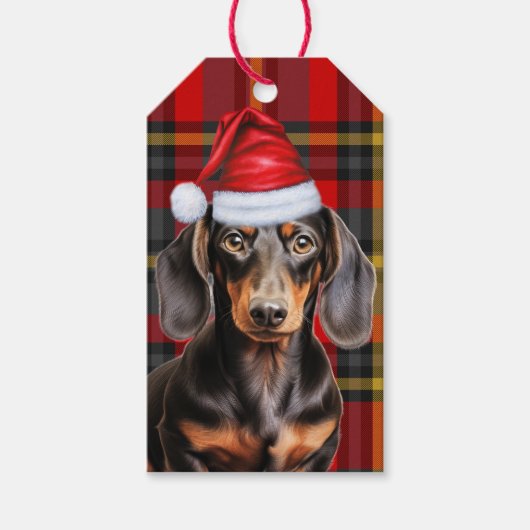 Smooth Coat Dachshund Dog Red Plaid Christmas Cadeaulabel (Voorkant)