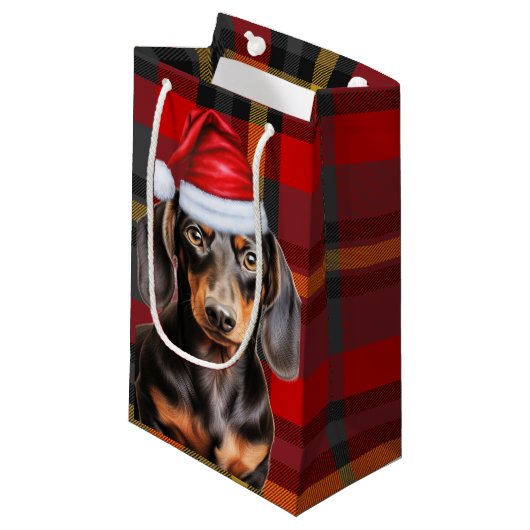 Smooth Coat Dachshund Red Christmas Plaid Klein Cadeauzakje (Voorkant Gekanteld)