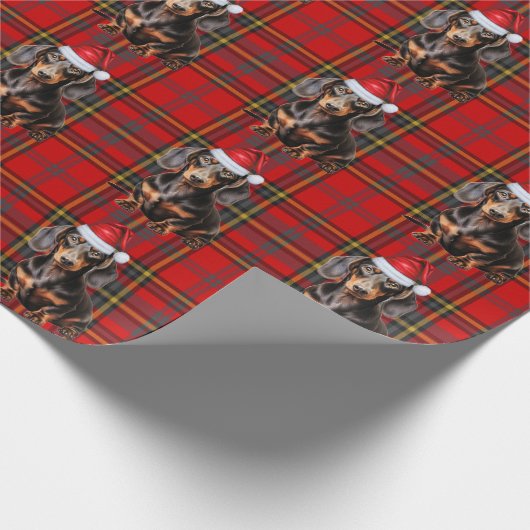 Smooth Coat Dachshund Red Holiday Plaid Christmas Cadeaupapier (Hoek)