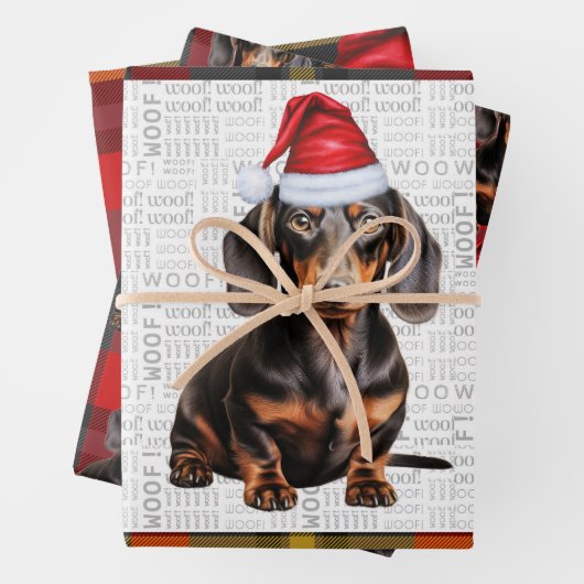 Smooth Dachshund Christmas Dog and Red Plaid Inpakpapier Vel (In situ)