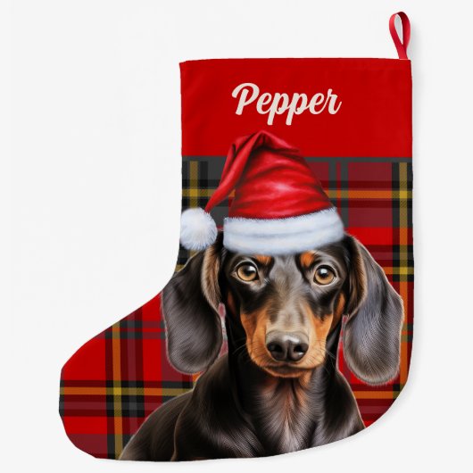 Smooth Dachshund Dog Holiday Plaid Personalized Grote Kerstsok (Achterkant)