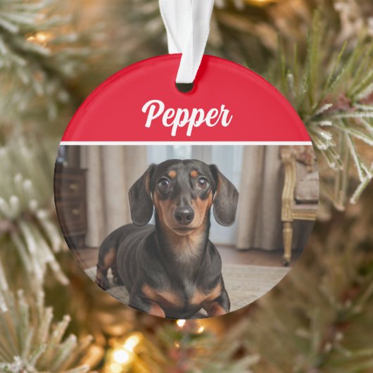 Smooth Dachshund with Name and Photo Christmas Ornament (Boom)