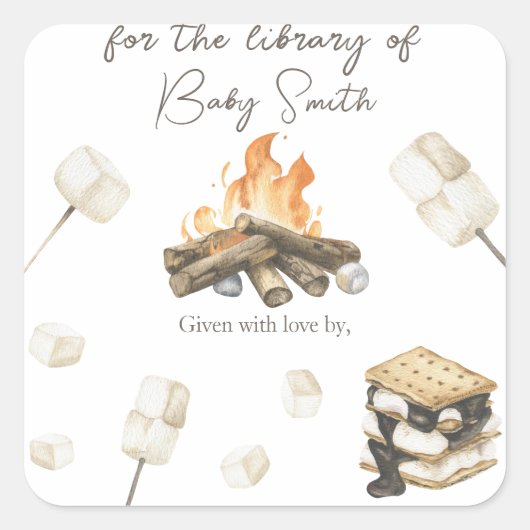 S'more baby shower - voor de bibliotheek van vierkante sticker (Voorkant)