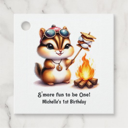 S'more Fun to Be One Chipmunk Camping 1e verjaarda Bedankjes Labels (Voorkant)