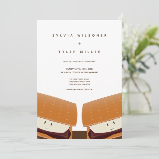 S'more Illustration Wedding White Brown Vertical Kaart (Staand voorkant)