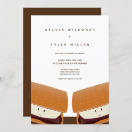 S'more Illustration Wedding White Brown Vertical Kaart