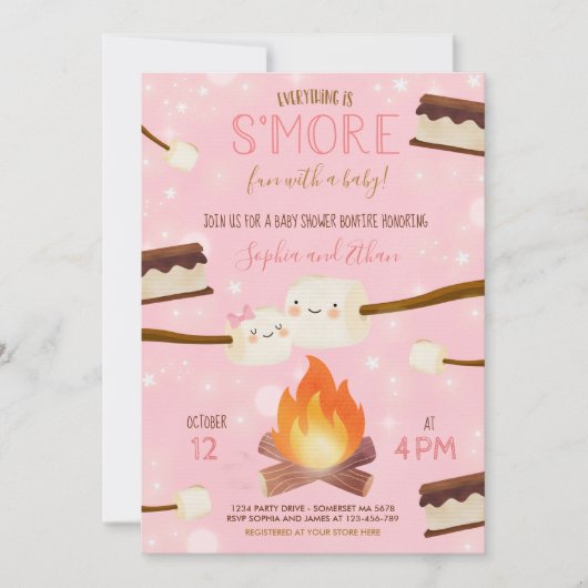 S'more Pink Girl Bonfire Baby shower Kaart (Voorkant)